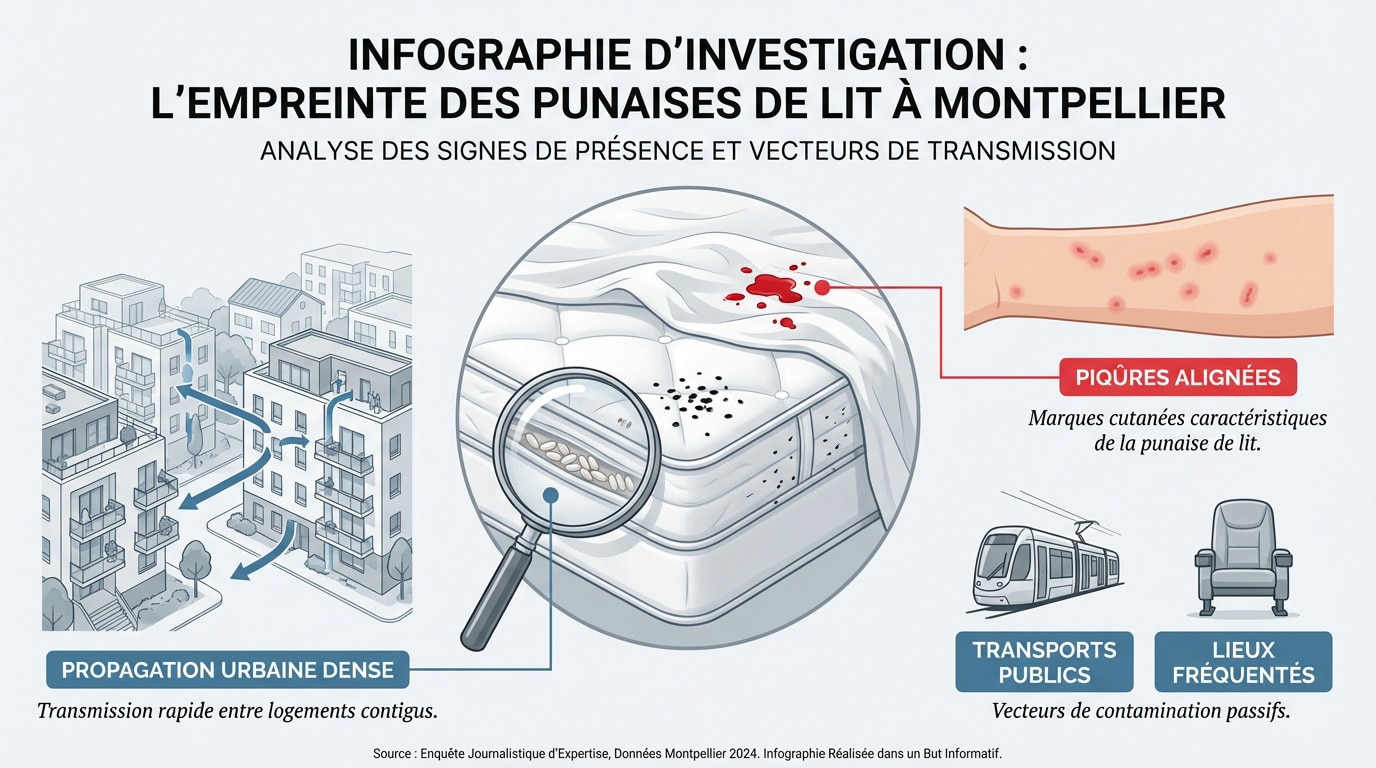 Infographie détaillant les signes d'infestation de punaises de lit à Montpellier